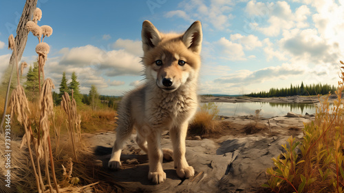 Young wolf cub in wide-angle lens against natural backdrop, adorable wolf pup amidst wilderness, captivating wildlife scene with wide-angle perspective capturing the charm of the young wolf