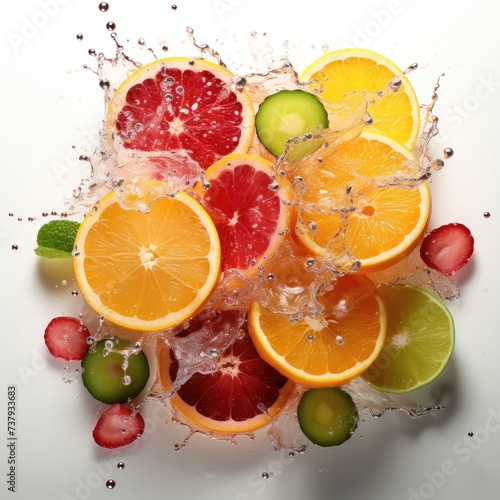 Fresh Fruits Falling with water Splash  cutout. Orange  grapefruit juicy citrus slice mix fly splashing  realistic  detailed. Grocery product package  advert