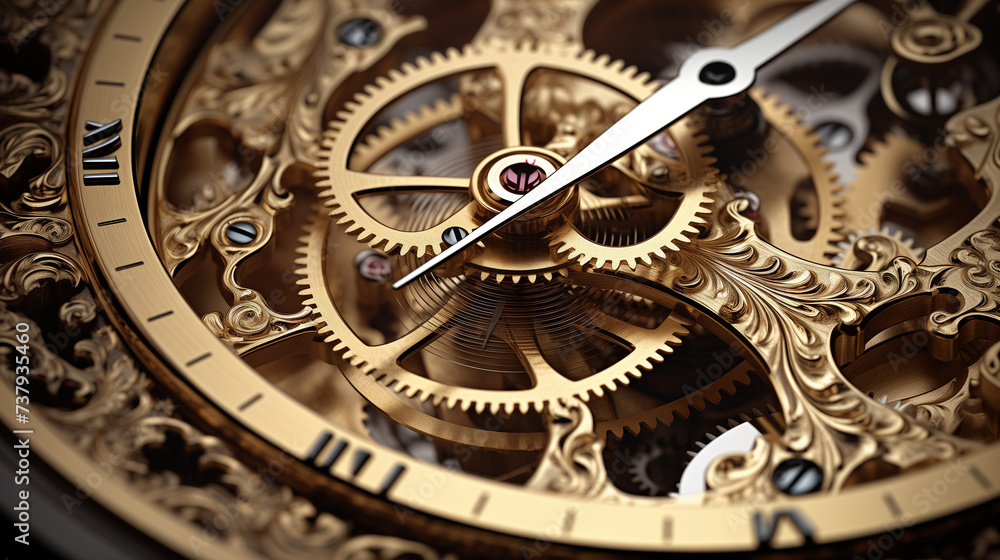Close-up of intricate bronze clockwork mechanism with gears and hands, vintage mechanical timepiece detail, steampunk inspired design, macro view of brass cogwheels and intricate watch parts