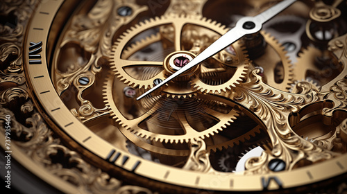 Close-up of intricate bronze clockwork mechanism with gears and hands, vintage mechanical timepiece detail, steampunk inspired design, macro view of brass cogwheels and intricate watch parts