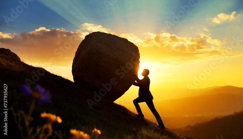 Silhouette of businessman pushing huge stone boulder up on hill at sunset or sunrise. Metaphor of Sisyphus, character from Greek mythology. Generative Ai. photo