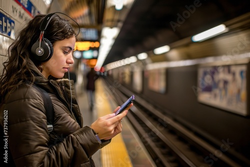 Teenage girl using cell phone at subway station