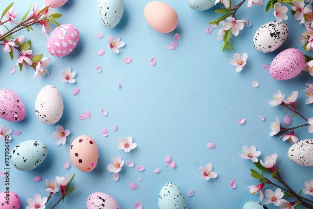 Happy Easter Eggs Basket speckled eggs. Bunny in salvation flower Garden. Cute 3d orange sherbet easter rabbit illustration. Easter representational card wallpaper jubilant