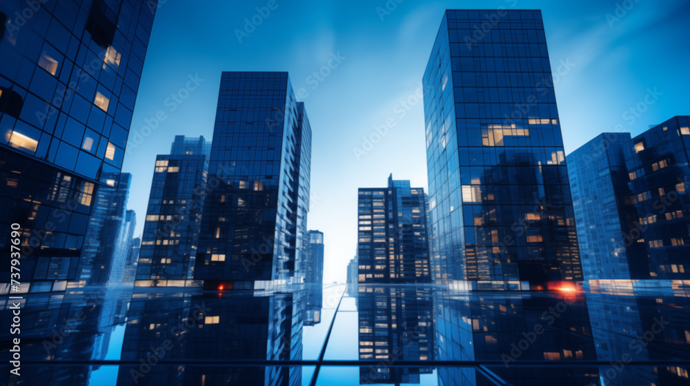 Modern city skyscrapers with reflective glass windows at sunset