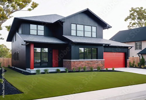 Cozy beautiful house in barnhouse style. Wood, red brick and black metal were used in construction. Practical and simple home design with copy space, © Perecciv
