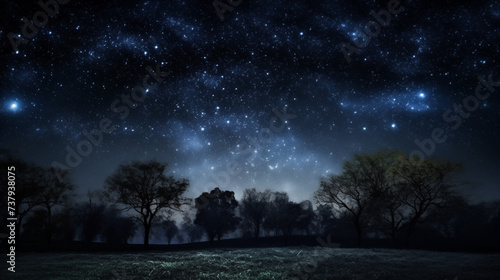 Beautiful forest landscape at night with starry night sky view from a grass field