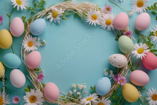 Happy Easter Eggs Basket representation. Bunny in garden furniture flower Garden. Cute 3d Painting easter rabbit illustration. Easter ridiculous card wallpaper color scheme