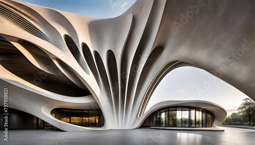 A futuristic striking architectural masterpiece, a concrete building with multiple waves, set in a modern urban landscape, a marvel of modern engineering and design with flowing undulating forms,