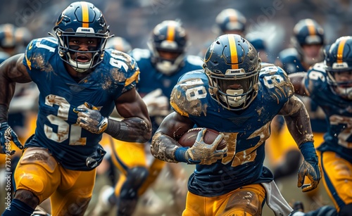 Front View of Dynamic American Football Player in Action, Golden and Blue Uniform