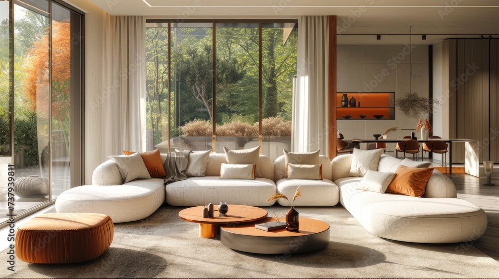 Modern Spacious Living Room with Autumn View, quiet luxury living room is glam, shiny mirrored or glitzy Rather, quiet luxury style living rooms Modern Spacious Living Room with Autumn View, quiet luxury living room is glam, shiny mirrored or glitzy Rather, quiet luxury style living rooms