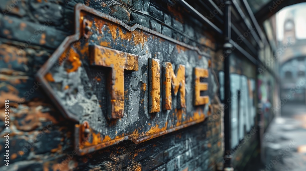 Urban Time Concept with Rustic Graffiti-Style Sign on Weathered Wall