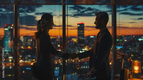 Photo of a business handshake between a man and a woman at a desk in an office with a city view in the background