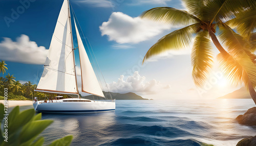 a sailboat with white sails in a calm sea off the coast of a tropical island during a bright sunset  concept of vacation on a yacht and on the islands 