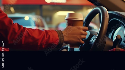 Hand Man in car receiving coffee in drive thru fast food restaurant. Staff serving takeaway order for driver in delivery window. Drive through and takeaway for buy fast food for protect