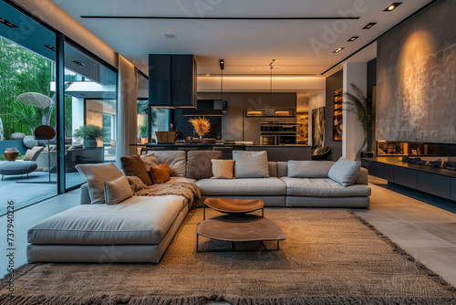 Interior of spacious living room with free layout in luxury villa. Cozy living area with corner sofa, modern kitchen with built-in home appliances, panoramic glazing with access to the terrace.