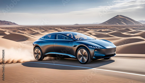 Modern business electric car driving through the desert at high speed, The car rushes through a beautiful landscape on a bright day, modern automotive technology,