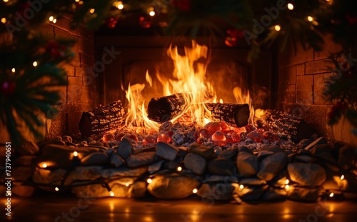 Cozy Christmas Scene Warm Fire in Fireplace Surrounded by Festive Garlands and Holiday Decorations