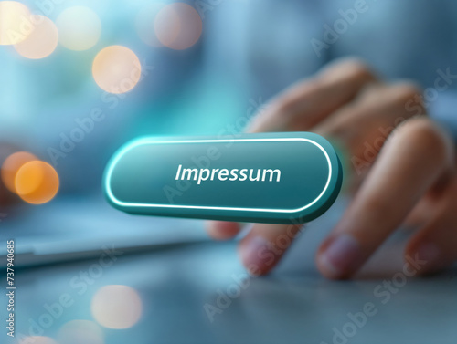 Person, die den Impressum-Button auf einer futuristischen Schnittstelle aktiviert, rechtliches digitales Konzept