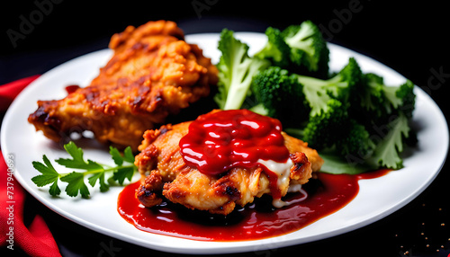 fried chicken thighs with sauce on a white background, the plate fits into a frame with free space, delicious menu in a restaurant,