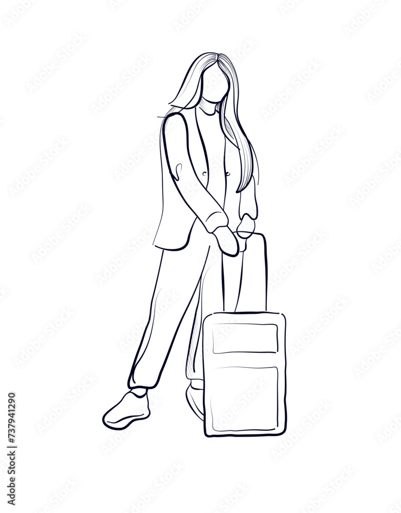 hand-drawn drawing of a woman with a suitcase vector