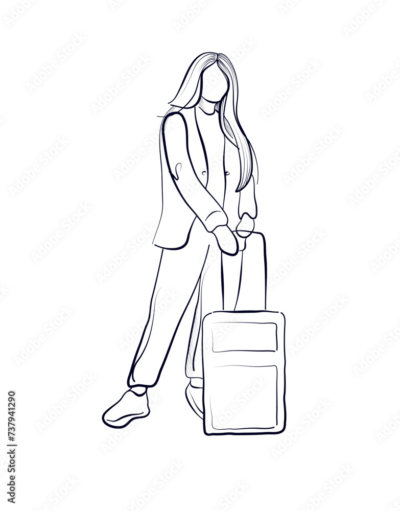 hand-drawn drawing of a woman with a suitcase vector hand-drawn drawing of a woman with a suitcase vector