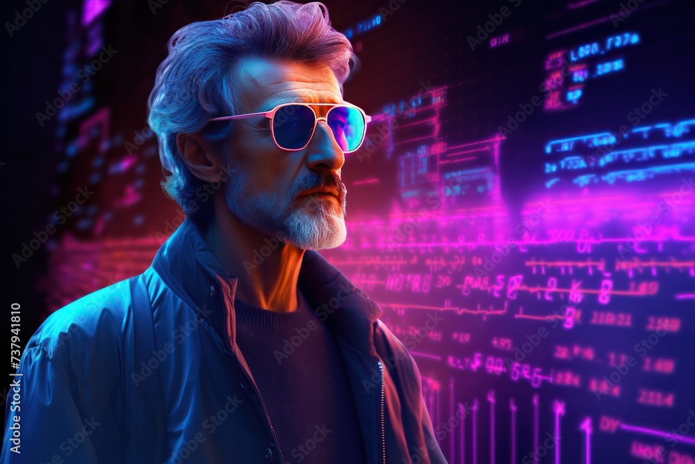 senior man in sunglasses standing near scree with data and infographic in blue purple neon color. Crypto trading. Investment and ai concept. senior man in sunglasses standing near scree with data and infographic in blue purple neon color. Crypto trading. Investment and ai concept.