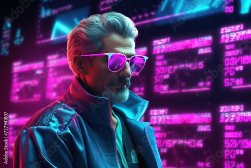 senior man in sunglasses standing near scree with data and infographic in blue purple neon color. Crypto trading. Investment and ai concept.