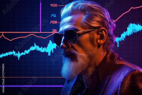 senior man in sunglasses standing near scree with data and infographic in blue purple neon color. Crypto trading. Investment and ai concept.