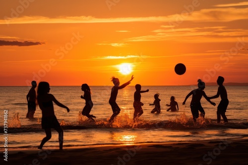 silhouettes of people playing with ball on the beach in water at sunset in summer. Tourists living healthy lifestyle, having fun.