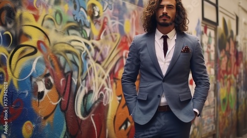 Handsome hipster model. Arabian man dressed in suit jacket clothes. Fashion male with long curly hairstyle posing in street near graffiti wall