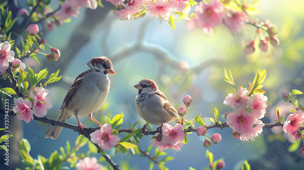 Sparrow birds perched delicately on a tree branch Sparrow birds perched delicately on a tree branch