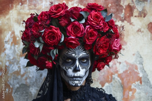 Day of the Dead woman with skull makeup and red roses on her head in Mexico, traditional Mexican celebration
