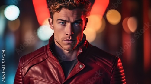 handsome man wearing red leather jacket portrait. Futuristic cyberpunk fashion style photo