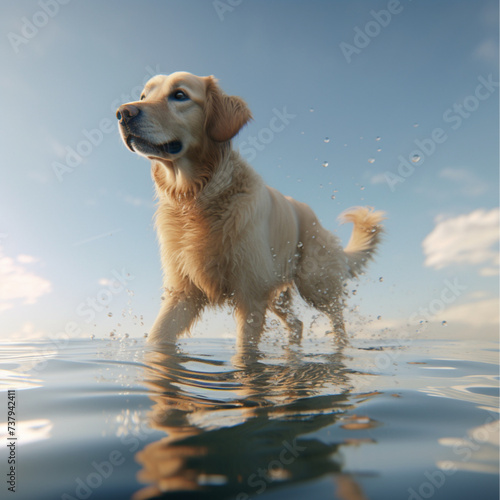 Golden retriever walking in water, beach