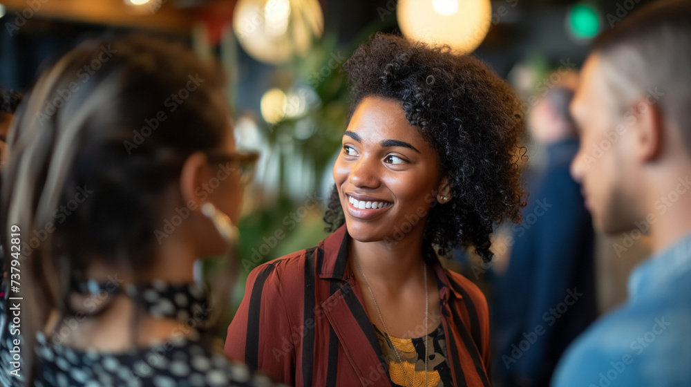 Diverse entrepreneurs at a networking event, exchanging ideas and building connections. Afro-american woman in center in a dynamic and inclusive professional setting Diverse entrepreneurs at a networking event, exchanging ideas and building connections. Afro-american woman in center in a dynamic and inclusive professional setting