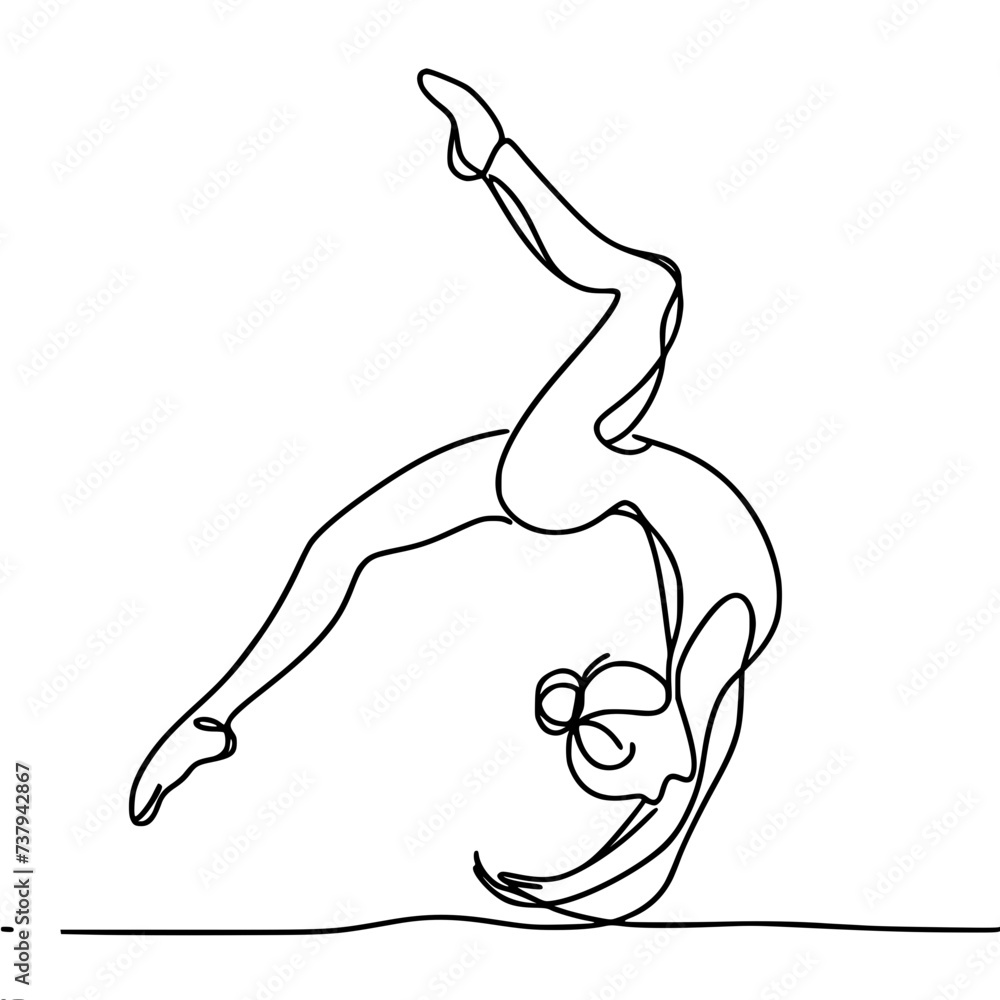 Single line vector drawing. Elegant, slender, young woman doing gymnastics, stretching