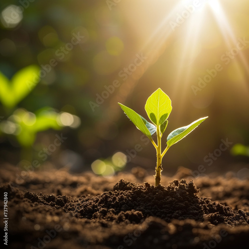 Fresh sprout emerging from the soil, symbolizing renewal and growth, in a sunlit, natural setting, conveying a sense of new beginnings