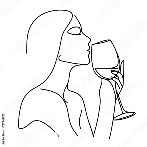 Single line vector drawing. Woman drinking from a glass