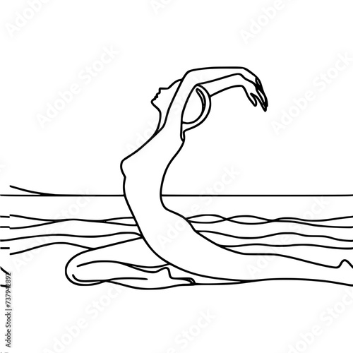 Single line vector drawing. Elegant, slender, young, naked woman on the beach doing gymnastics, yoga