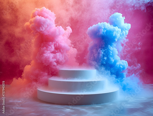 Product podium with fluffy clouds. Pedestal mock up.Natural beauty podium backdrop for product display with dreamy sky background.Realistic white fluffy clouds in product podium with color powder.Ai