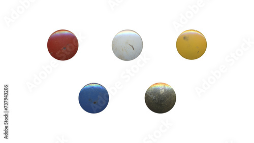 a set of colorful aged circles, rusty stationery tacks in png format, front view, isolated metal push rounded pins on transparent background