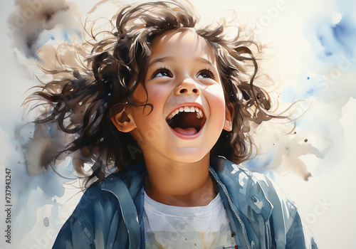 Watercolor illustration of happy child. AI generated