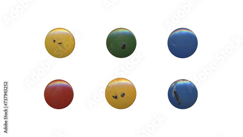 a set of colorful aged circles, rusty stationery tacks in png format, front view, isolated metal push rounded pins on transparent background