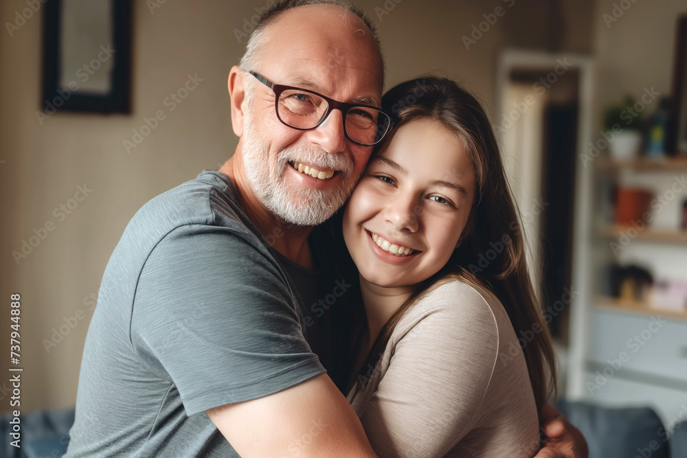 Elderly father and daughter posing at home. Warm family relationship. Looking at camera, smiling. 