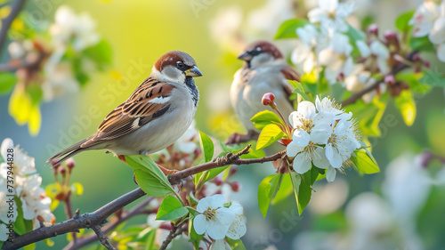 Sparrow birds resting peacefully on a tree branch with delicate flowers in full bloom © UMAR SALAM