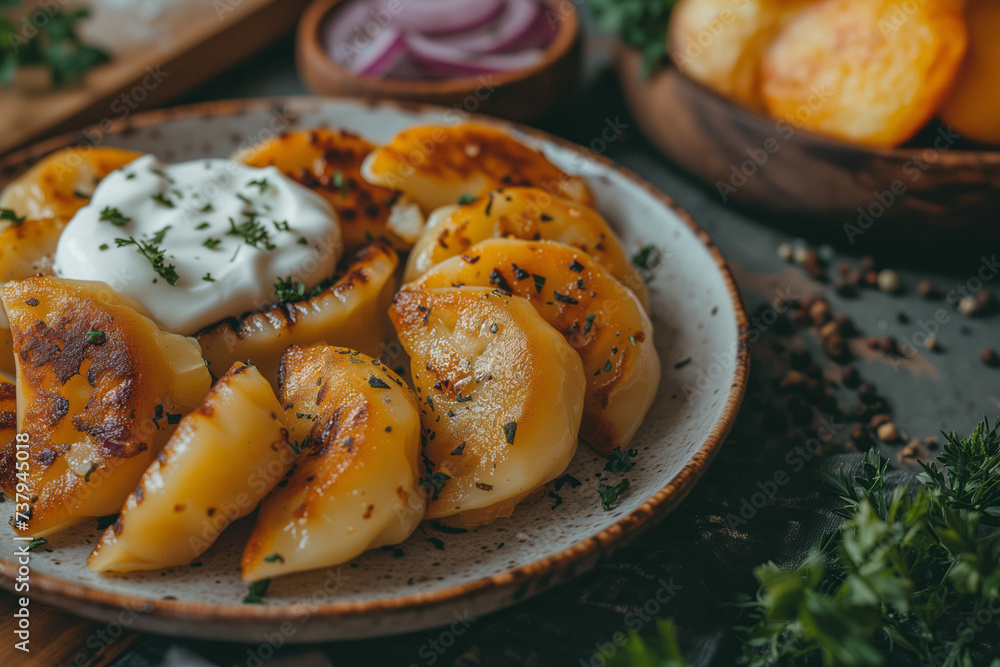 Homemade Fried potato and cheese-filled dumplings served with sour cream. Homemade Fried potato and cheese-filled dumplings served with sour cream.