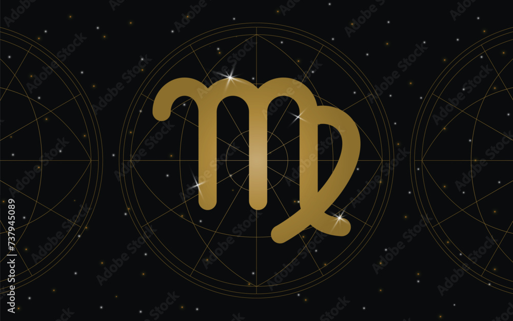 Virgo Horoscope Symbol, Astrology Icon, Virgo is the sixth astrological sign in the zodiac. with stars and galaxy background