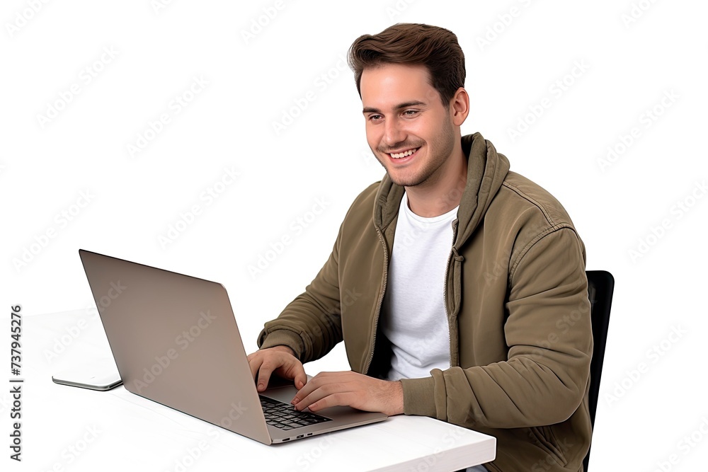 Young successful Caucasian student freelancer using laptop, wearing casual clothes, watching webinar, working remotely, e-learning e-commerce online isolated on white background - generative ai Young successful Caucasian student freelancer using laptop, wearing casual clothes, watching webinar, working remotely, e-learning e-commerce online isolated on white background - generative ai