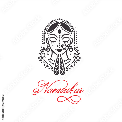 Indian women in traditional clothing with namaste hand, Welcoming logo design