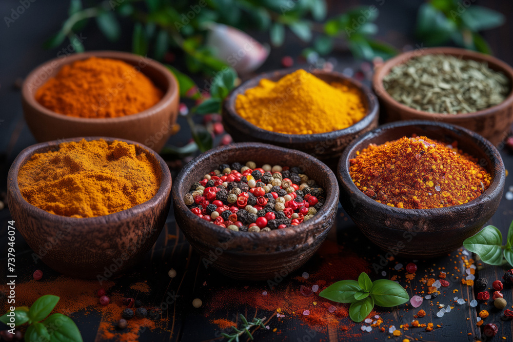 Mix of colorful fresh spices on wooden background. Mix of colorful fresh spices on wooden background.